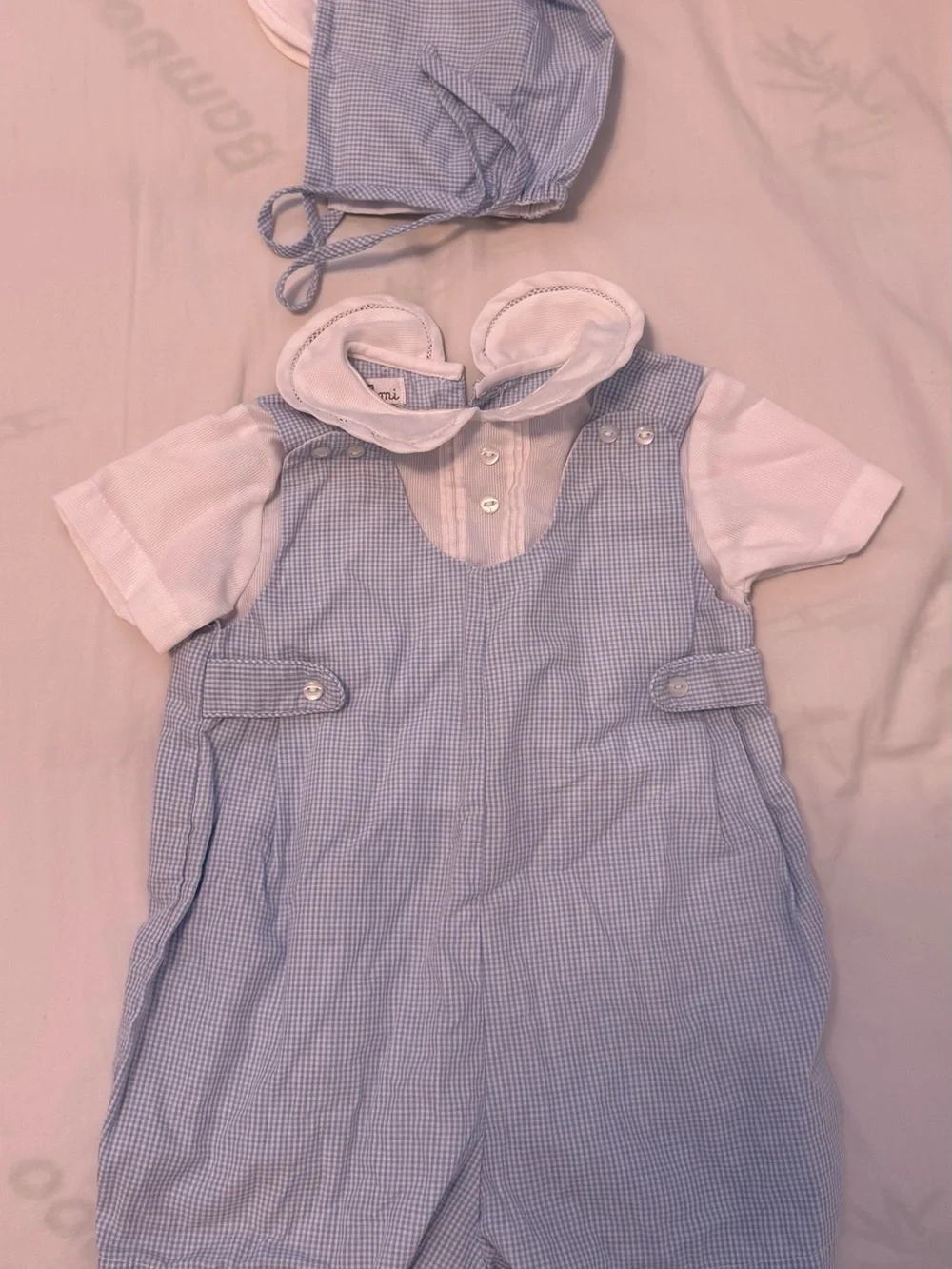 Classic Blue Gingham Baby Romper with White Collar and bonnet
